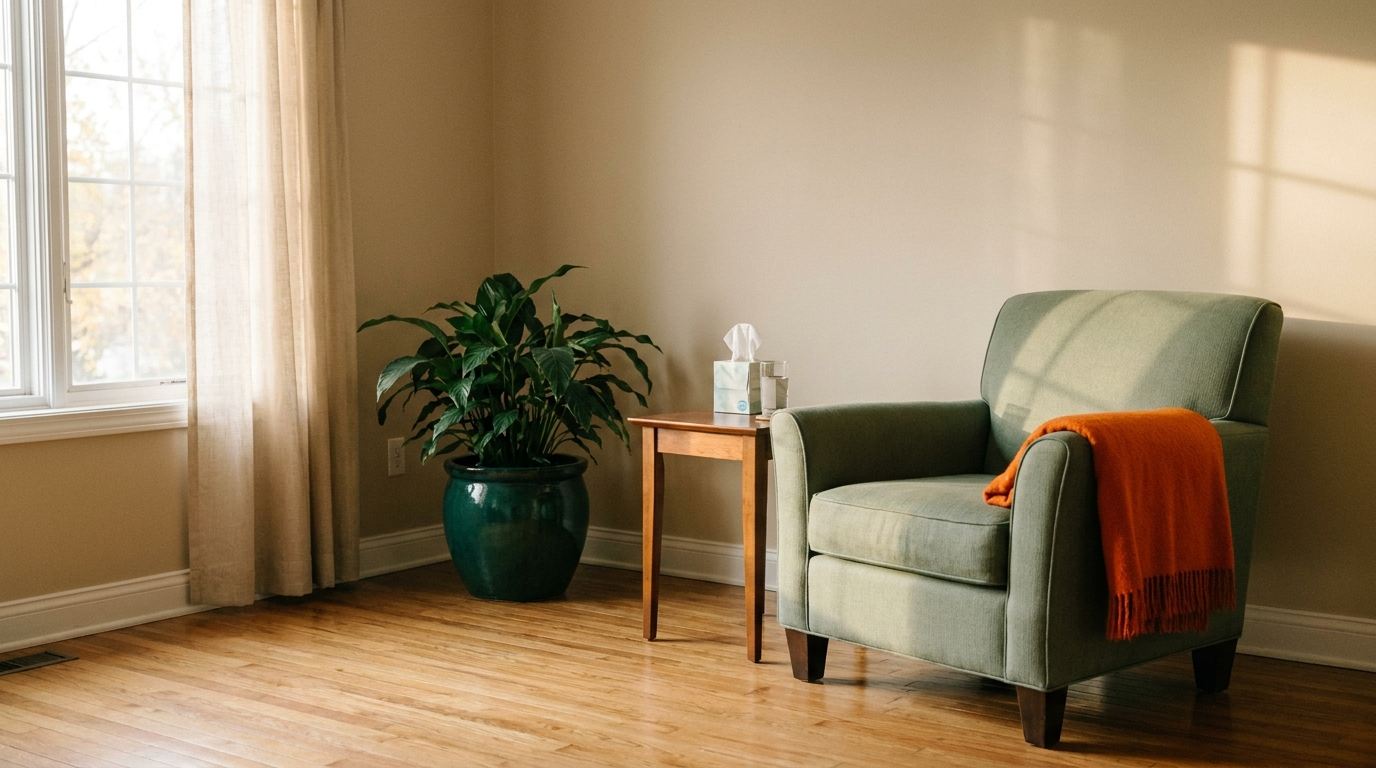 A quiet, sunlit room with a green armchair and an orange throw